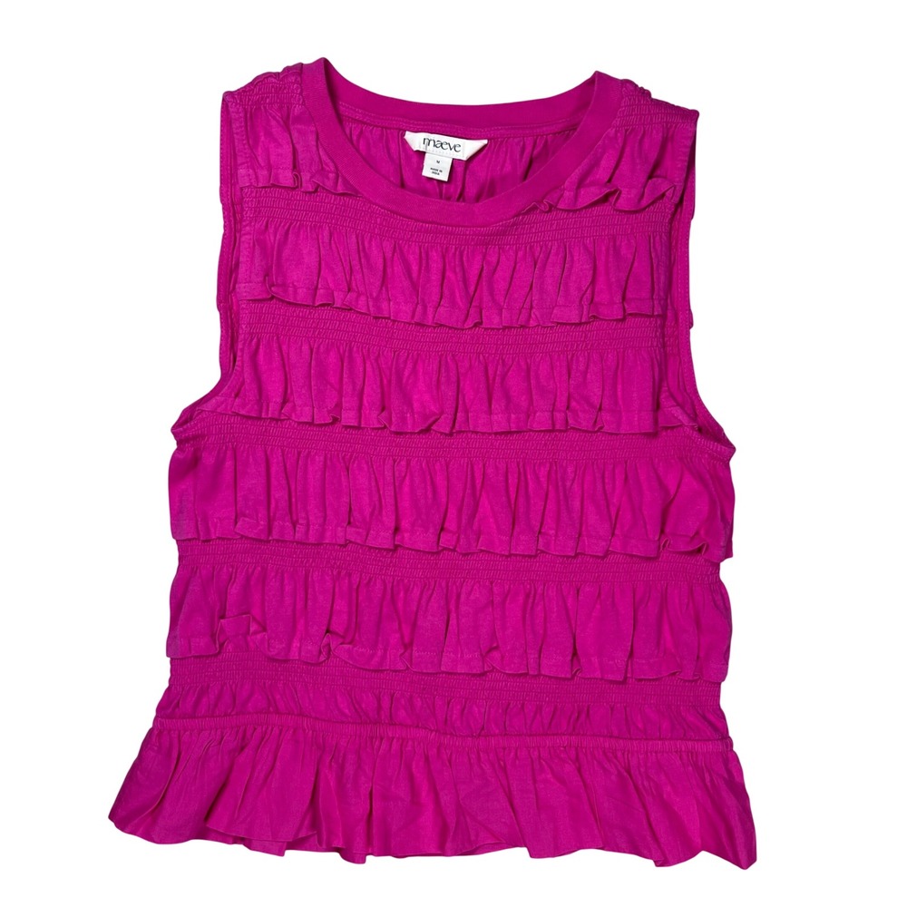 Maeve Anthropologie Cotton Shirred Ruffle Tank Top Women Medium Pink Feminine